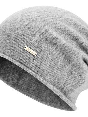 Unisex Light Grey 100% Wool Warm Knit Pull-On Winter Slouchy Skull Beanie Cap
